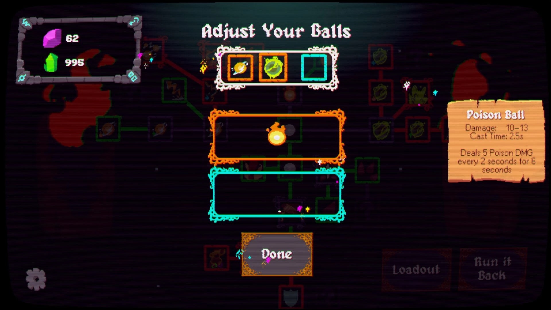 Ball Wizard: Adjust Your Balls loadout menu with Poison Ball stats and gem counters over node map.