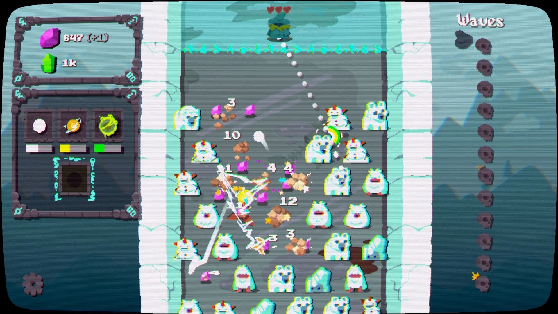 Ball Wizard: Bouncing ball hits enemies and gems in lane arena, with currency panel and Waves list UI.