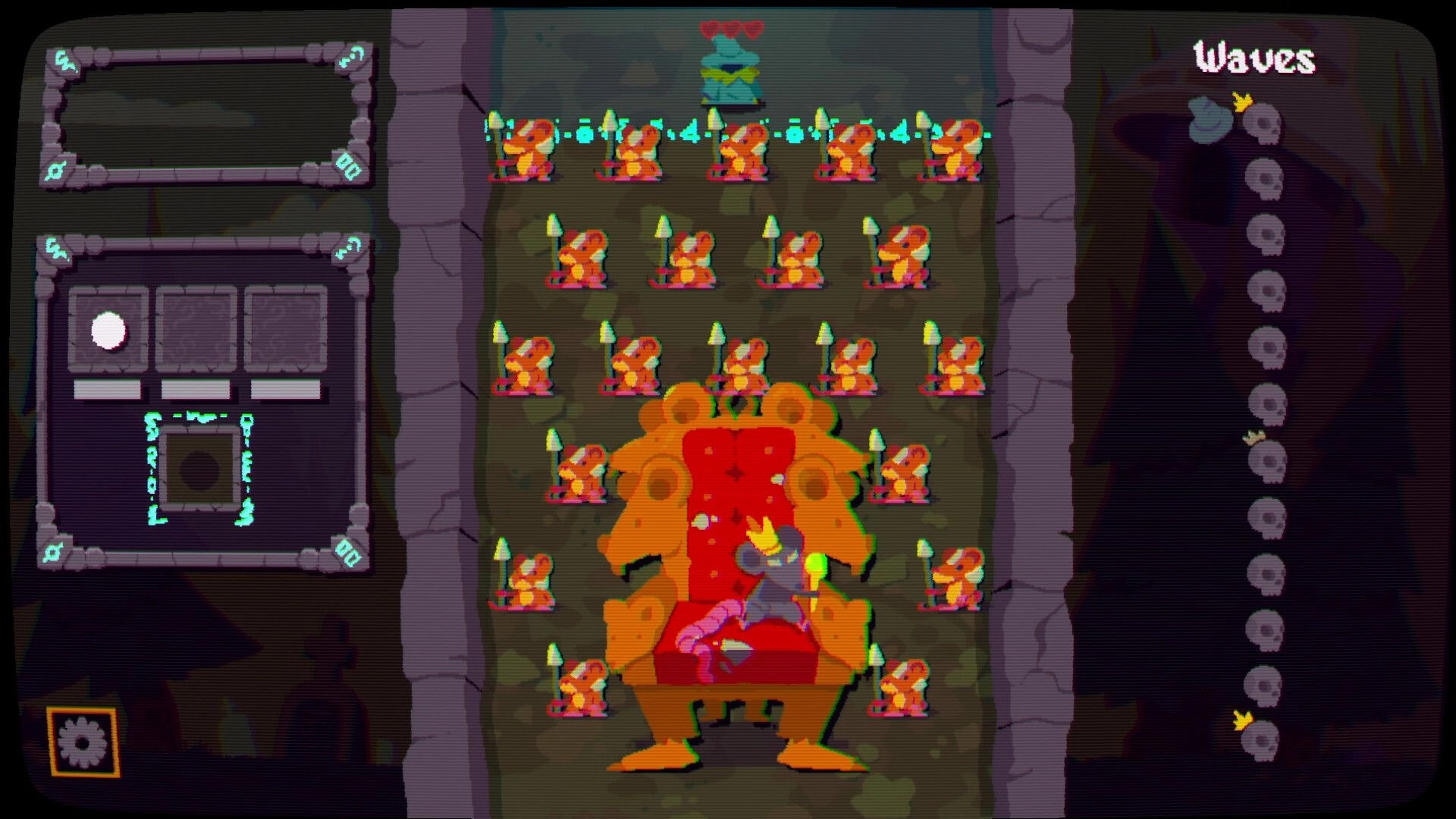 Ball Wizard: Wave screen with spear goblins around a seated king, ball slots UI and waves list sidebar.