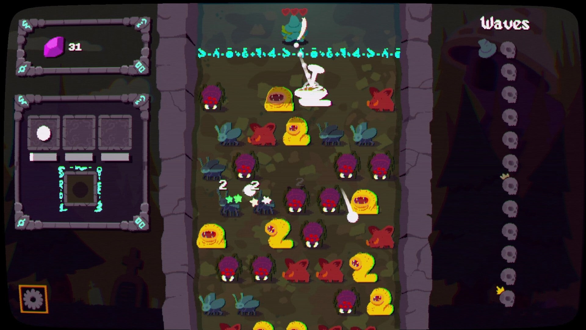 Ball Wizard: Wave battle board with bouncing white ball hitting critters in a narrow stone corridor UI.