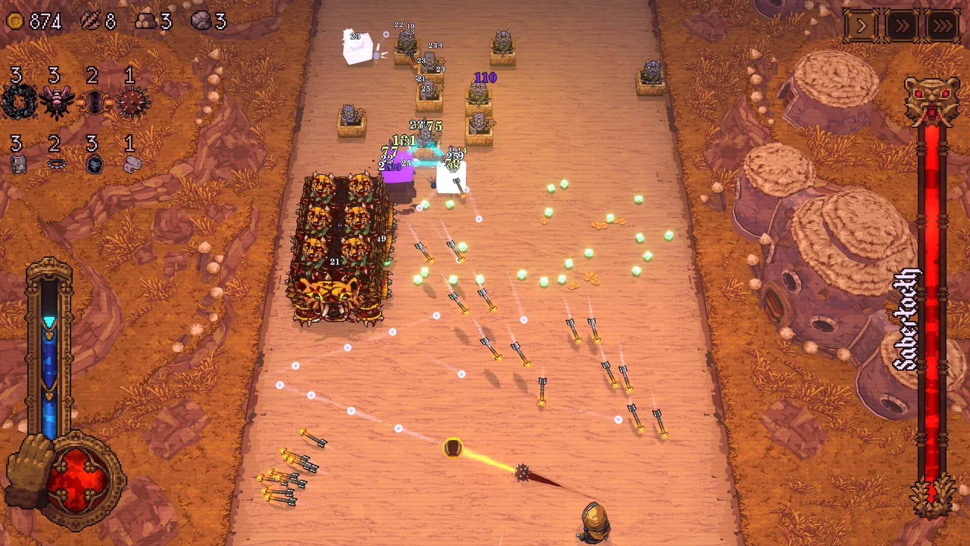 BALL x PIT: Player launches balls at enemy barricade amidst desert terrain, with resource stats visible.
