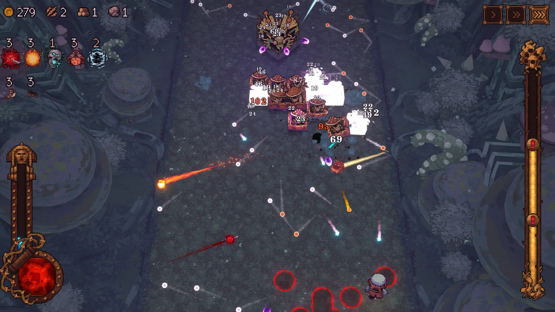 BALL x PIT: Combat with enemy boss and multiple projectiles in a forest environment with resource HUD