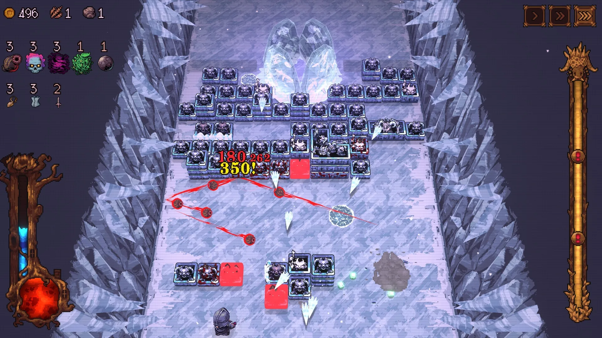 BALL x PIT: Ricocheting balls break through icy blocks and enemies in a frozen cavern environment.