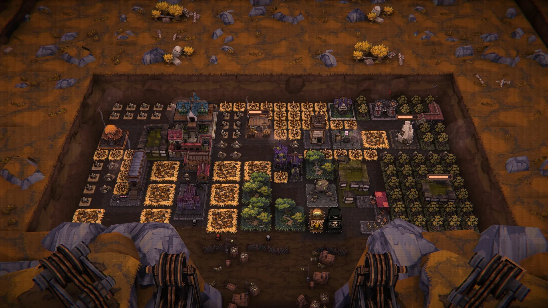 BALL x PIT: Overhead view of a developed village with various structures and fields in a pit environment.
