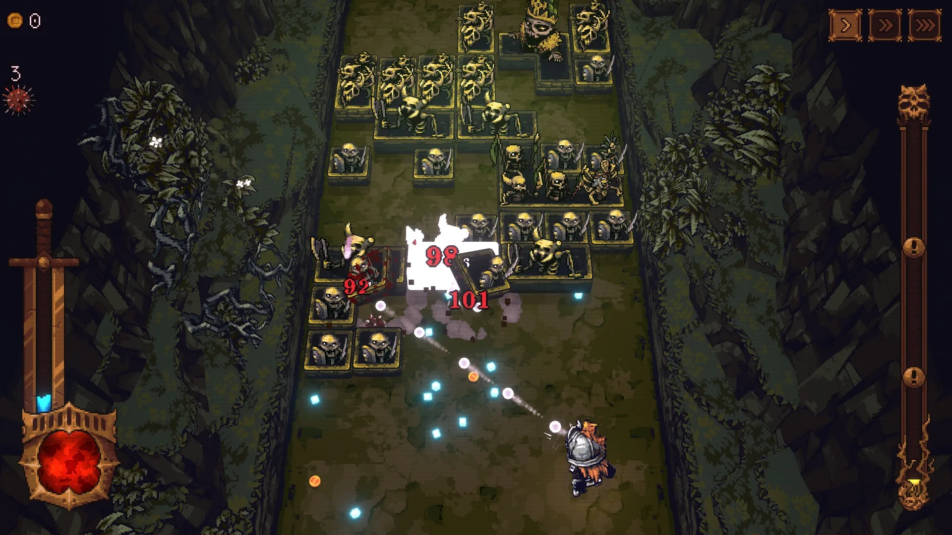 BALL x PIT: Warrior battles skeletons with ricocheting balls in a forested dungeon corridor.