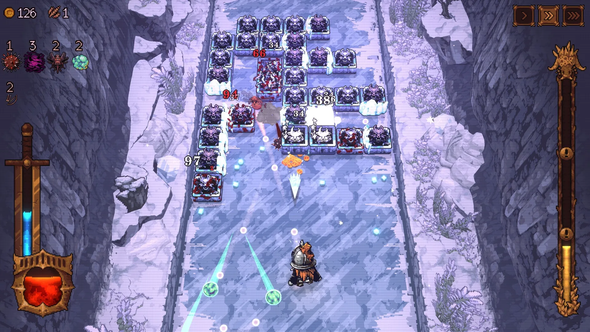 BALL x PIT: Player defends against enemies with ricocheting balls in a snowy canyon environment.