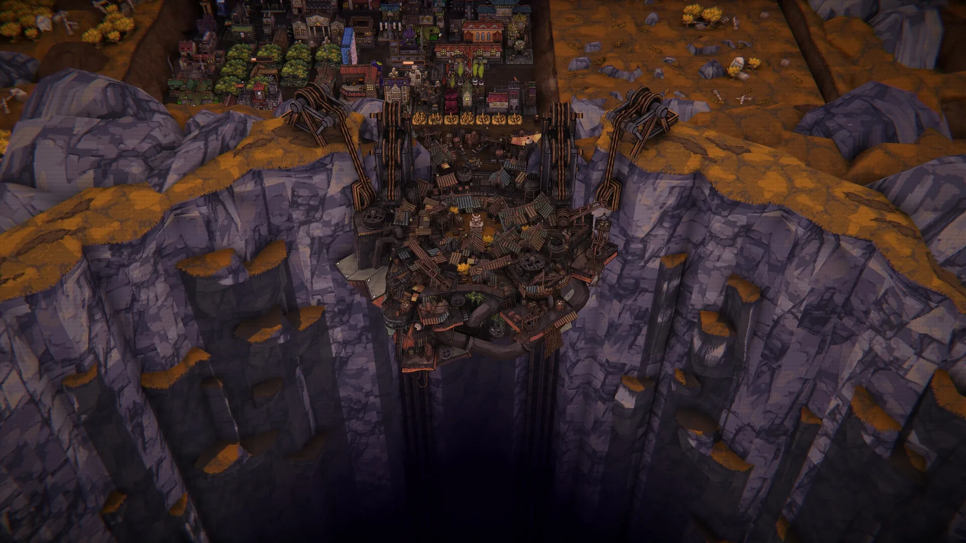 BALL x PIT: Overhead view of a cliffside village with buildings and machinery perched on rocky edges