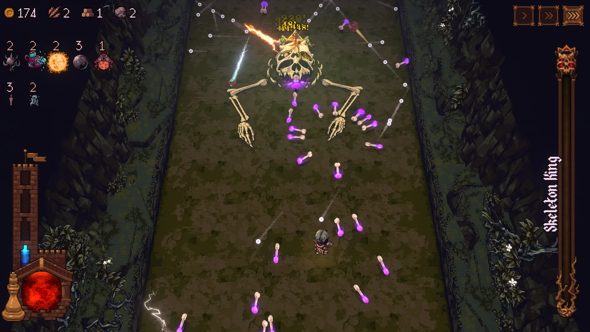 BALL x PIT: Player battles Skeleton King in narrow pit, dodging purple bones and collecting resources.