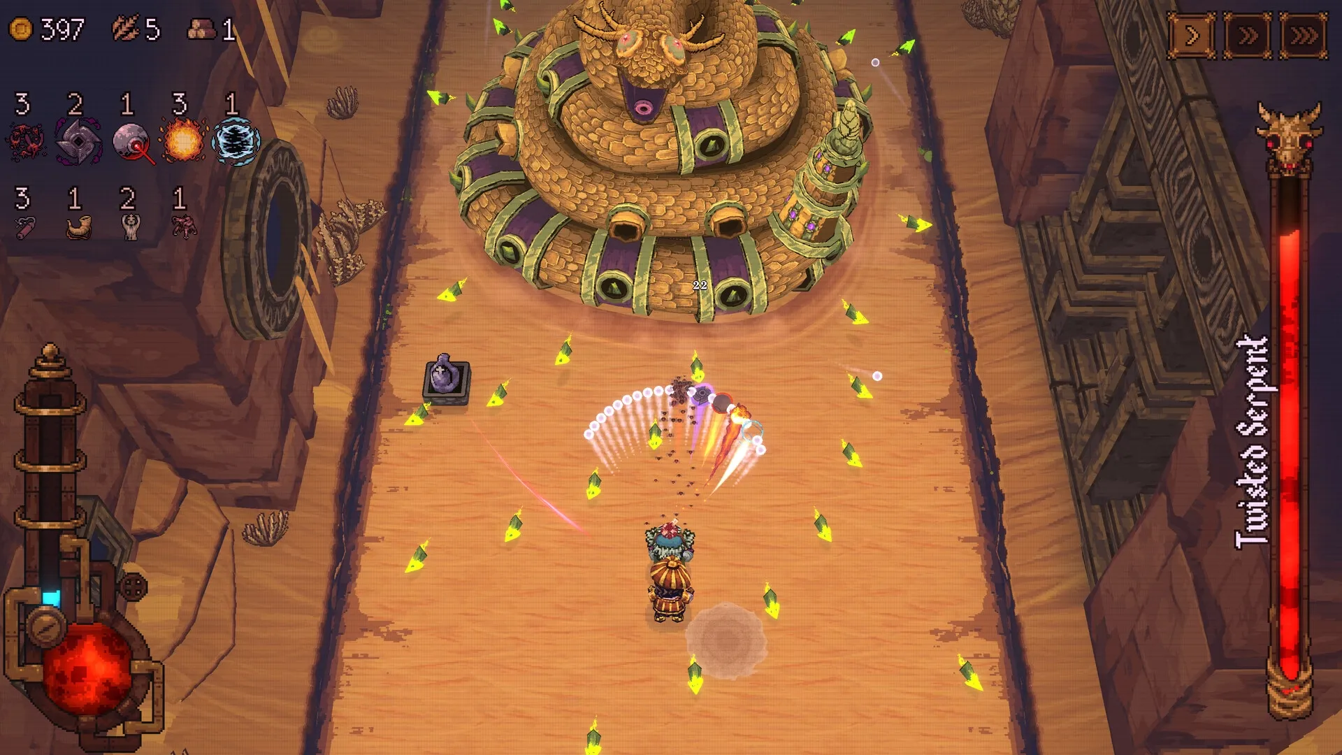 BALL x PIT: Player attacks Twisted Serpent boss with ricocheting balls in a desert arena setting.