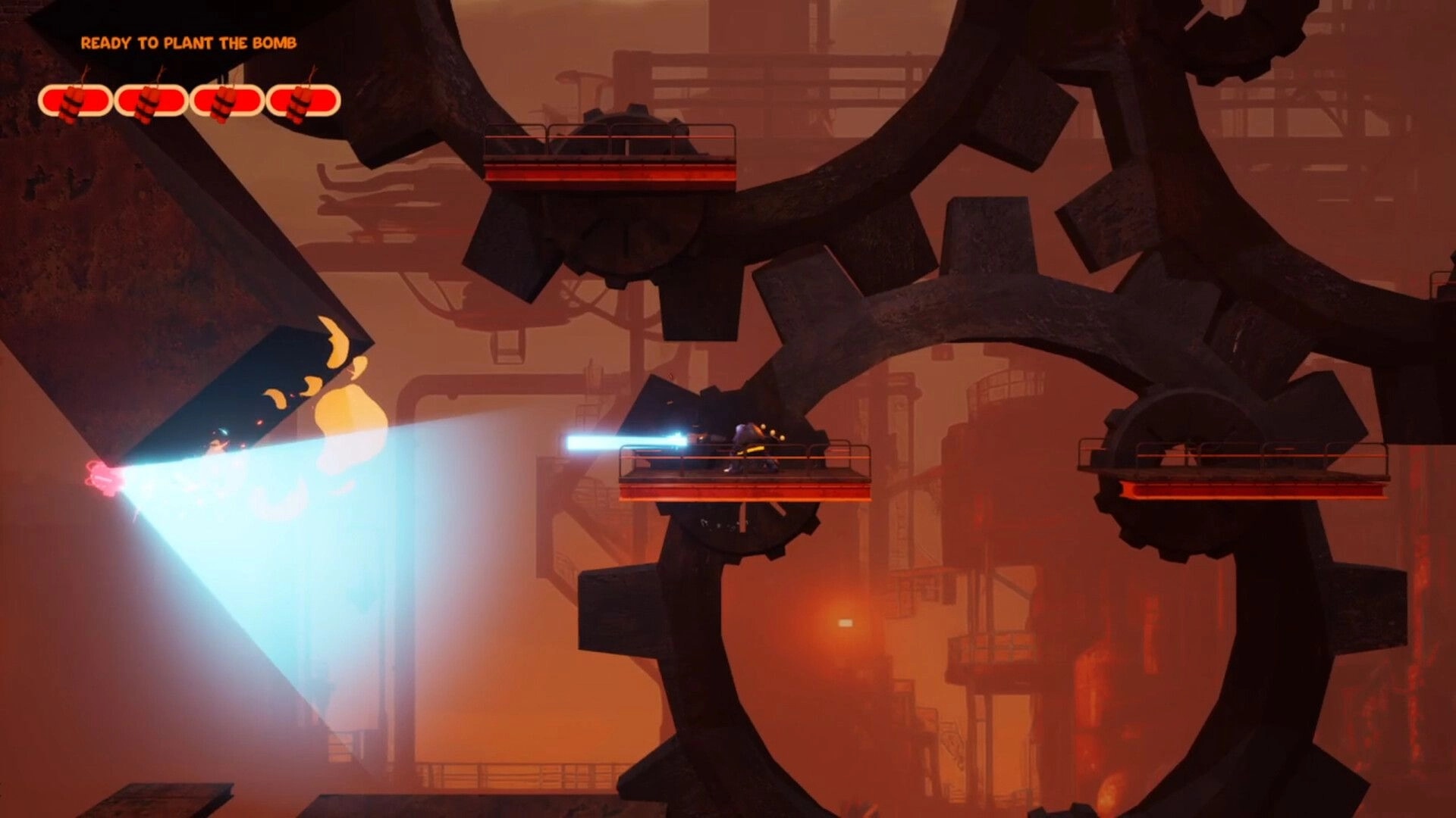 BALLBOY: Ballboy jumps through giant gears in an industrial setting with health bar and mission indicator.