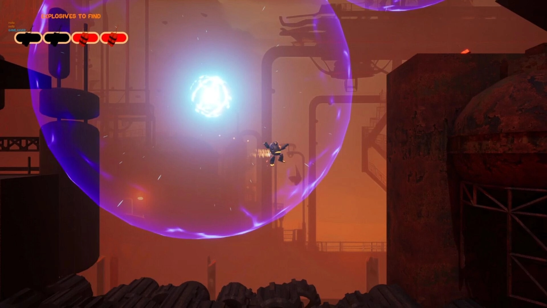 BALLBOY: Ballboy leaps through glowing energy field in industrial post-apocalyptic setting, HUD visible.