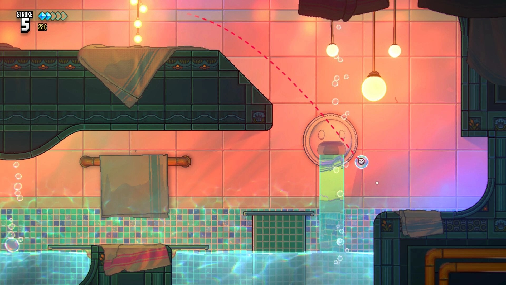 Ballgame: Aiming a ball along a dotted arc in a tiled bathhouse stage with rising water and lights.