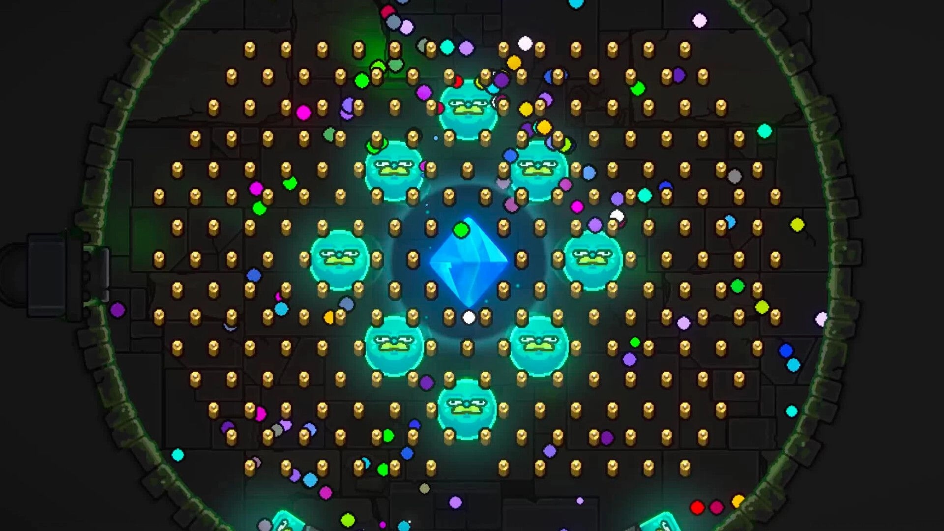 Ballgame: Pinball-style arena with gold pegs, glowing bumpers, and a blue crystal at center.