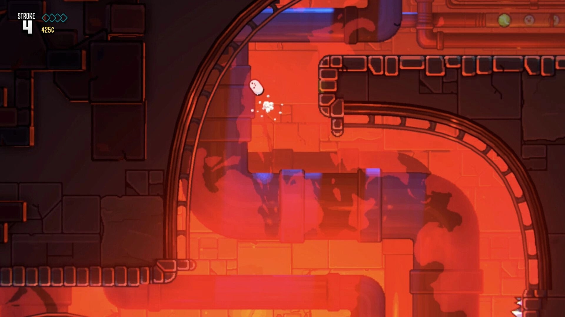 Ballgame: White ball character bouncing near curved rail track in lava-lit brick dungeon, Stroke 4 UI.