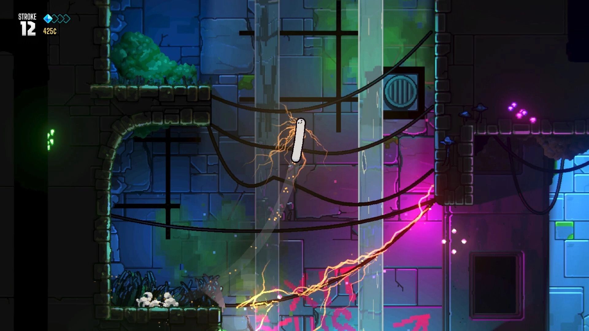 Ballgame: White ball character ricochets past sparking cables in neon stone ruins, Stroke 12 UI visible.