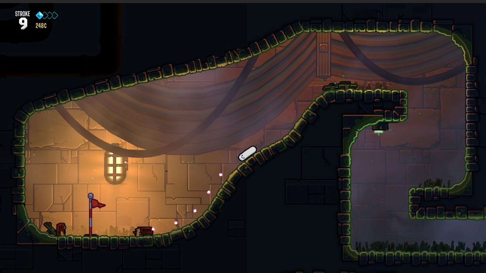 Ballgame: White ball sliding up a curved tunnel toward a red flag in a dim stone dungeon level.
