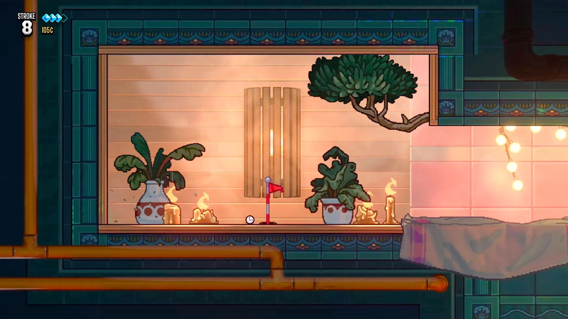 Ballgame: Ball rolls toward a red flag goal in a tiled room with candles, plants, and pipes UI top left.