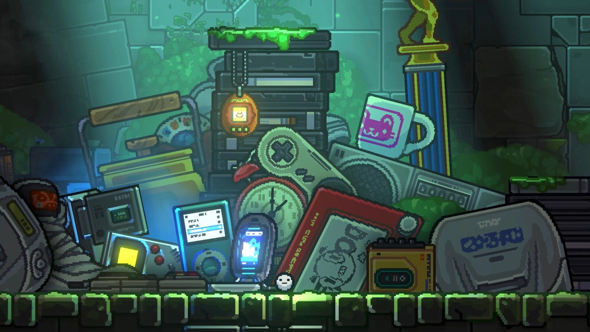Ballgame: White ball character by a pile of retro gadgets and trophies in a slime-covered ruin room.