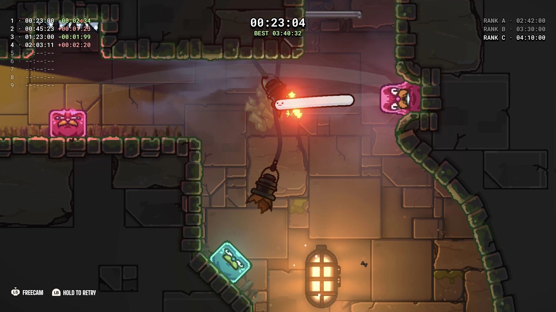 Ballgame: Pink ball character launches from a cannon in a stone dungeon, timer and rank UI visible.