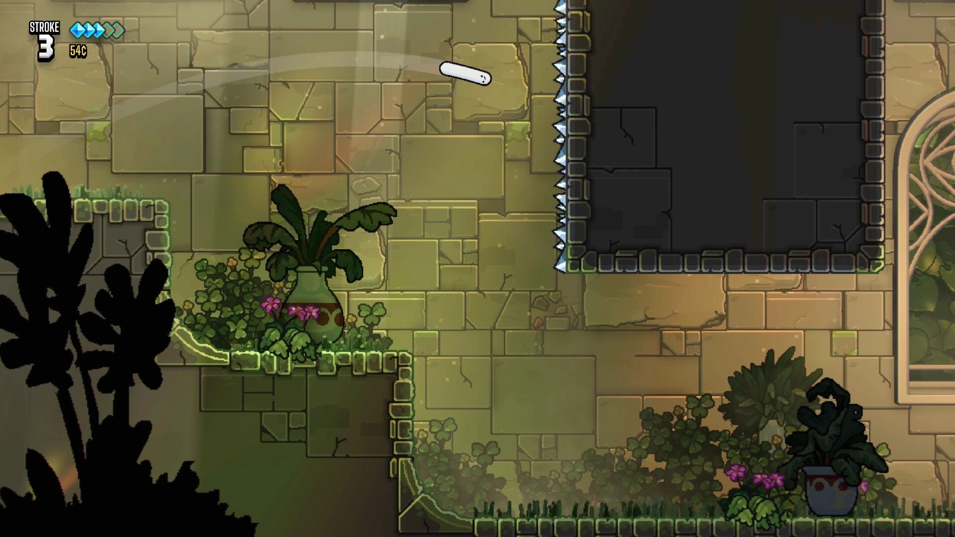 Ballgame: White ball arcs toward a spiked wall in mossy stone ruins, HUD shows Stroke 3 and 54C.