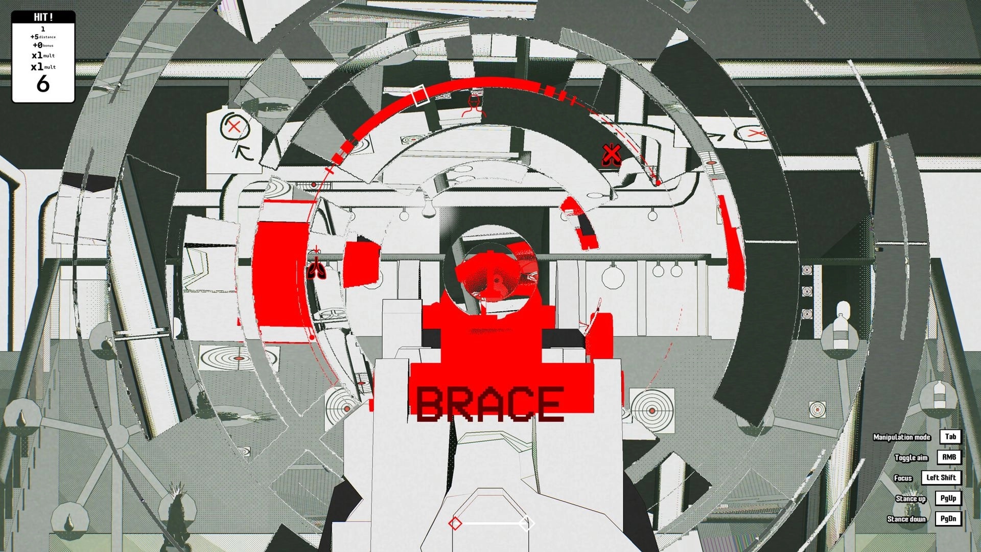 Ballistic.exe: Aiming down a rifle sight with BRACE warning over targets in an indoor range UI.