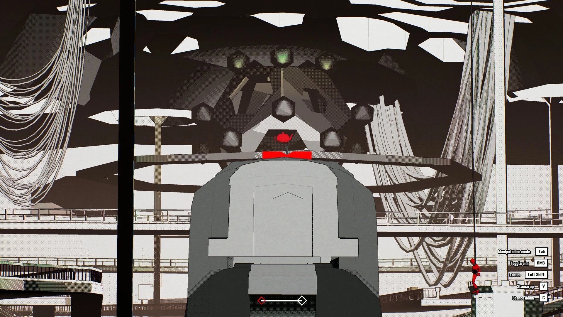 Ballistic.exe: First-person aiming down sights at a red target in a stark industrial test range UI.