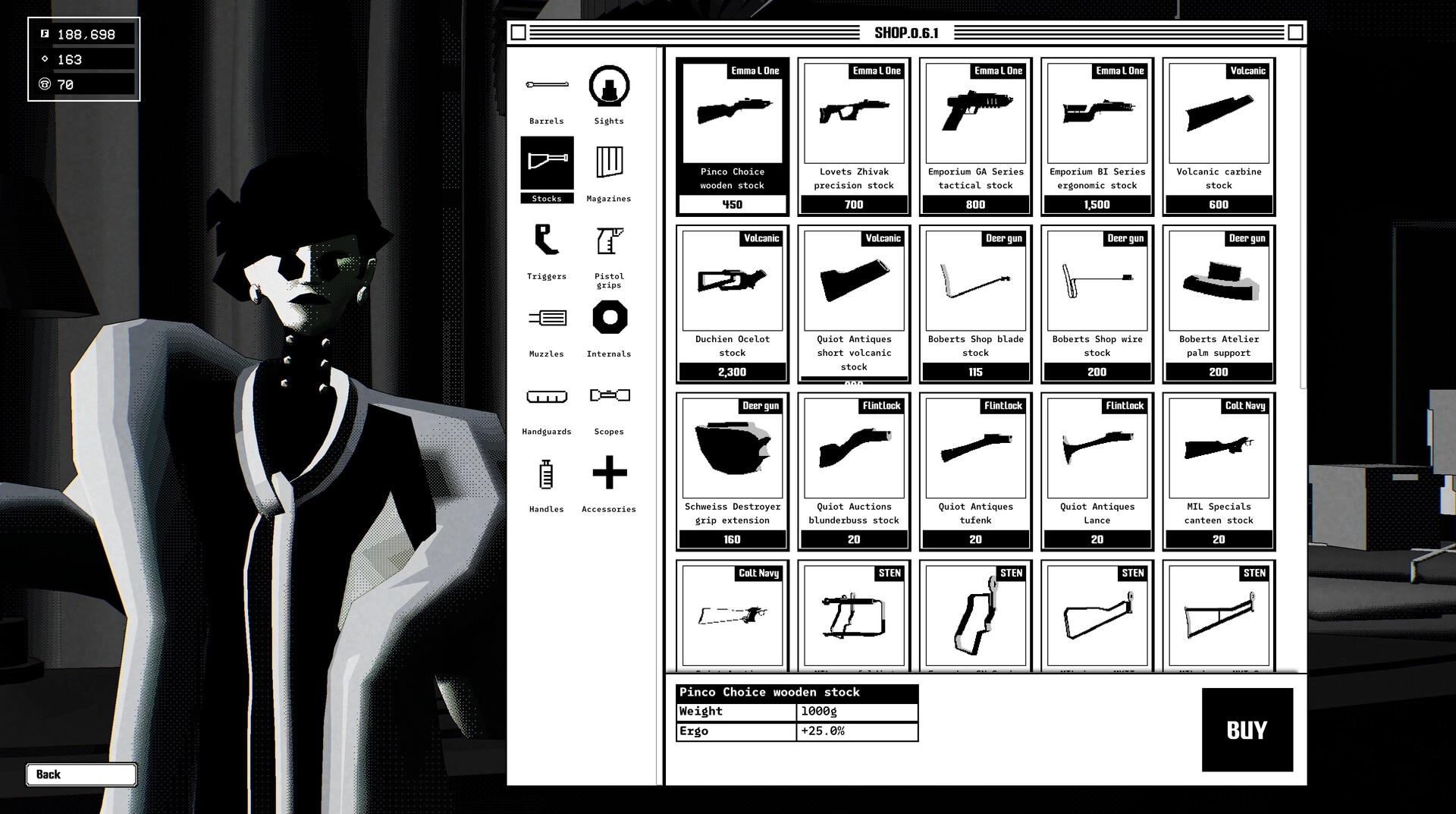 Ballistic.exe: Shop menu browsing Stocks with item grid and BUY button beside a noir NPC vendor.