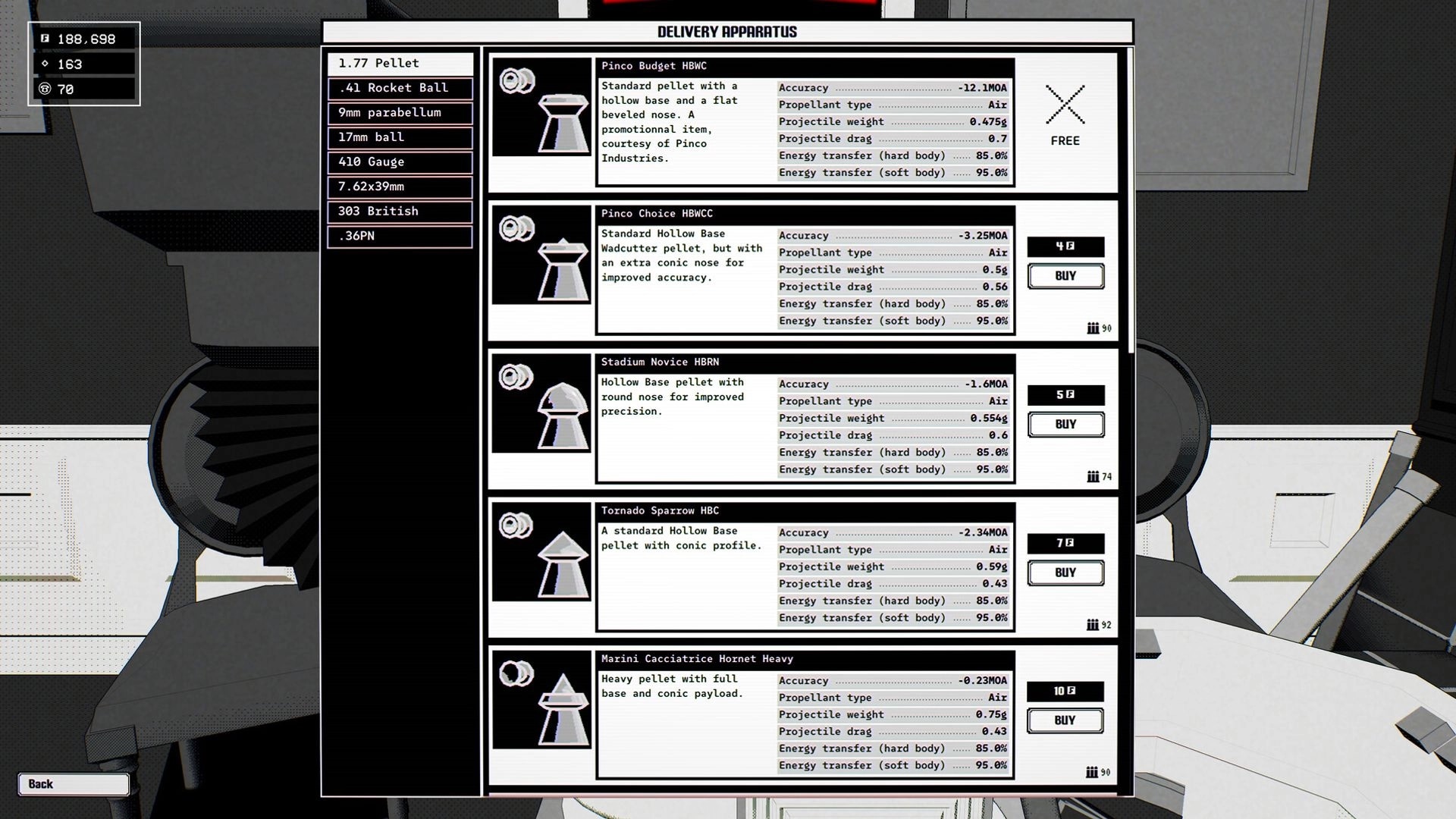 Ballistic.exe: Delivery Apparatus shop menu listing pellet ammo stats with buy buttons in lab scene.