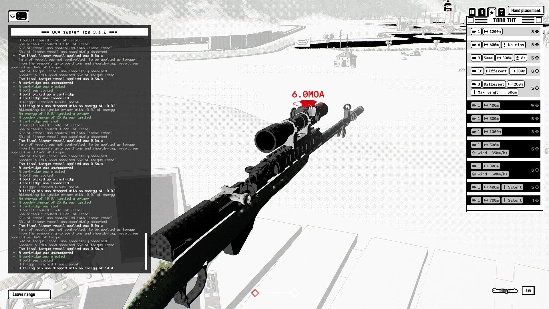Ballistic.exe: Scoped rifle aimed in shooting range UI with recoil log panel and distance tasks list.