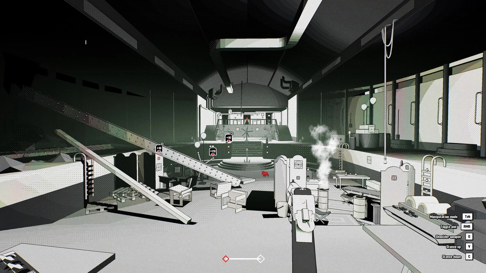 Ballistic.exe: First-person view aiming at range targets inside an industrial indoor shooting range bay.