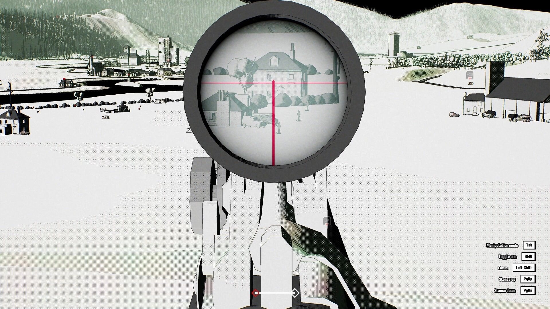 Ballistic.exe: Scoped rifle view aiming at a farmhouse across snowy fields, control hints on right UI.