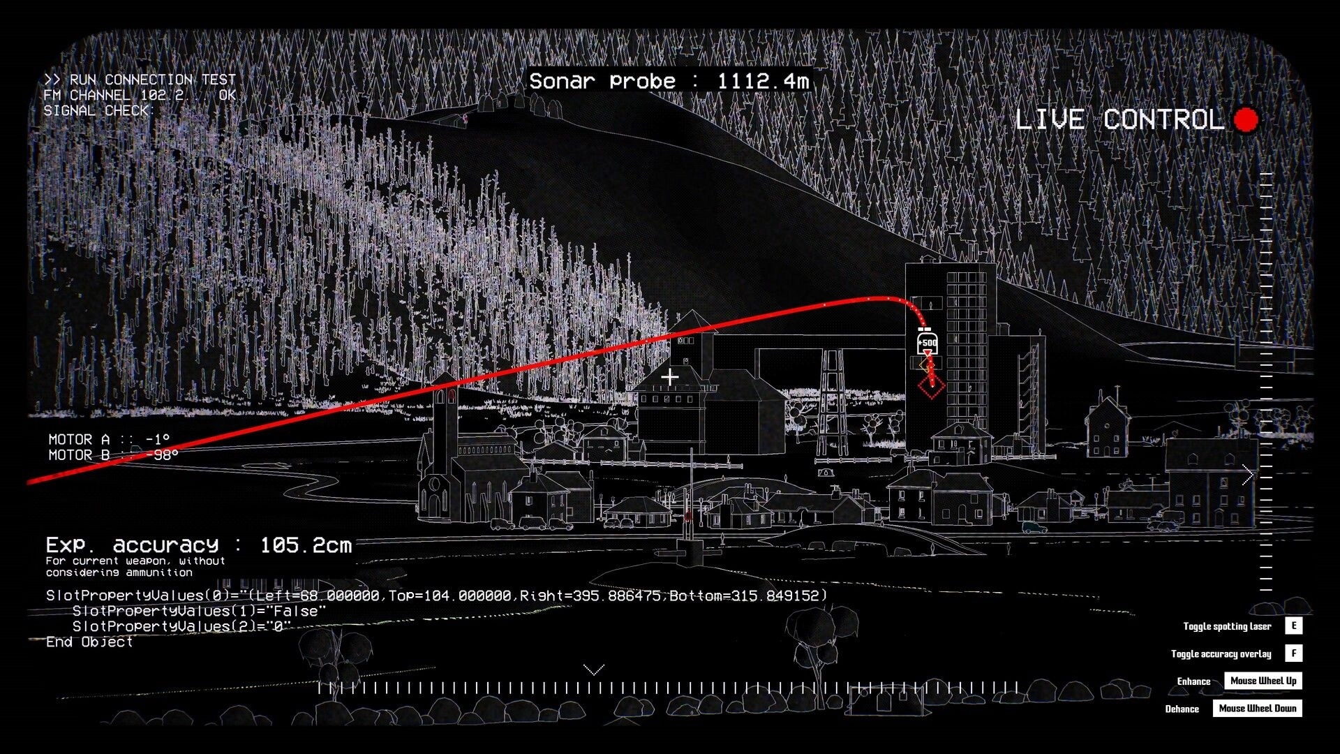 Ballistic.exe: Live control ballistic trajectory overlay targeting buildings in a wireframe town map.
