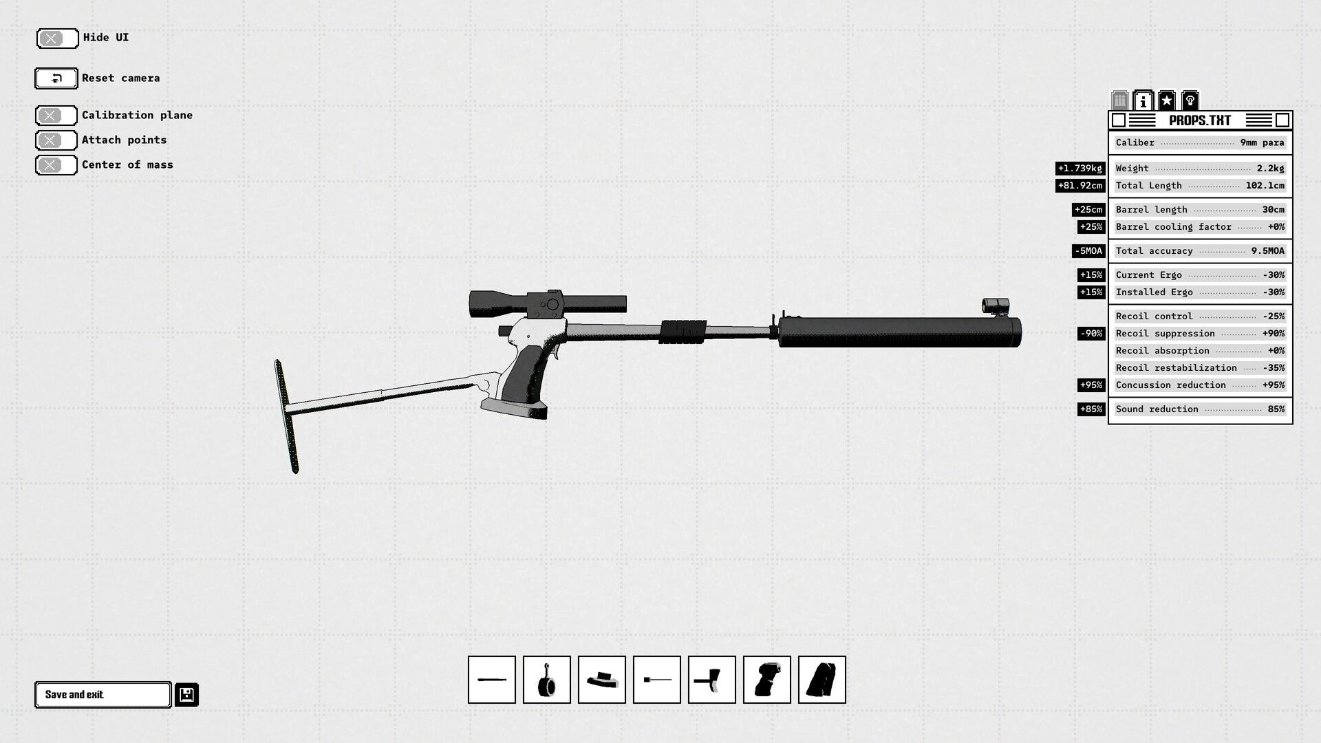 Ballistic.exe: Weapon assembly screen showing suppressed 9mm carbine with stats panel on grid backdrop.