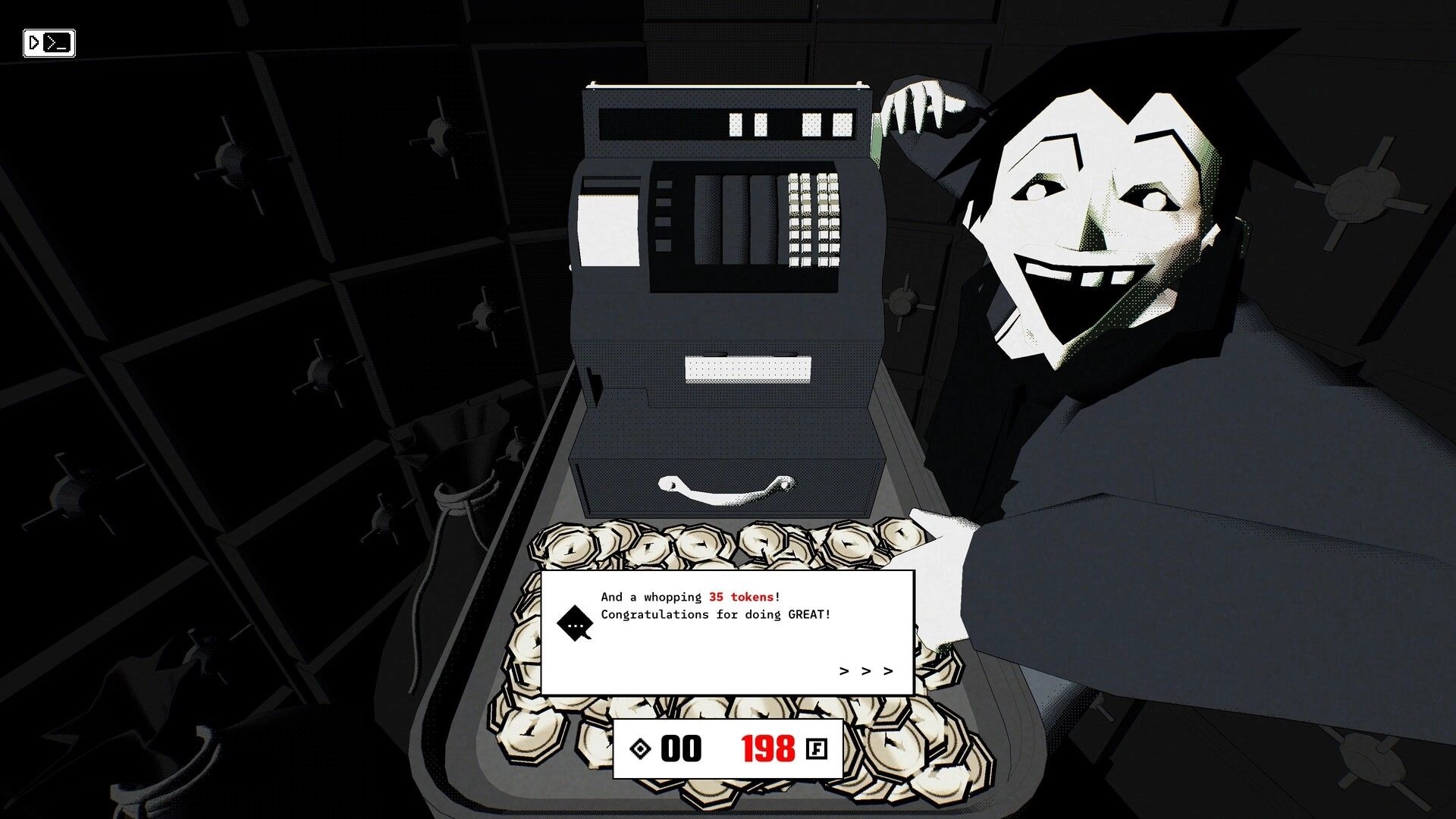Ballistic.exe: Grinning clerk beside cash register and token pile with reward dialog in dark vault room.