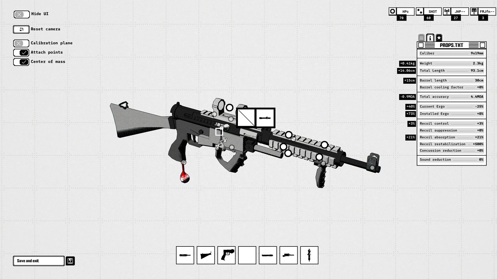 Ballistic.exe: Weapon customization screen showing a 9x19mm rifle with stats panel on grid background.