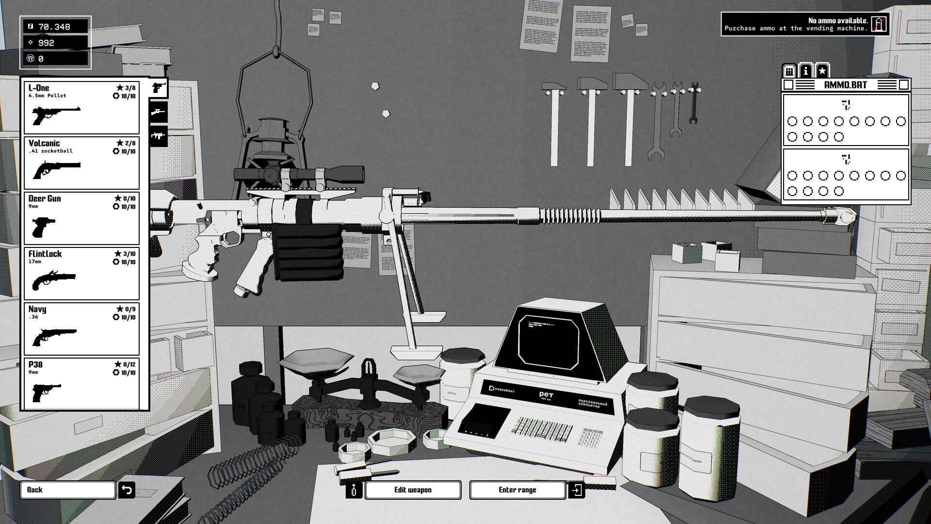 Ballistic.exe: Weapon bench loadout menu with rifle on stand, ammo tab open in workshop room.