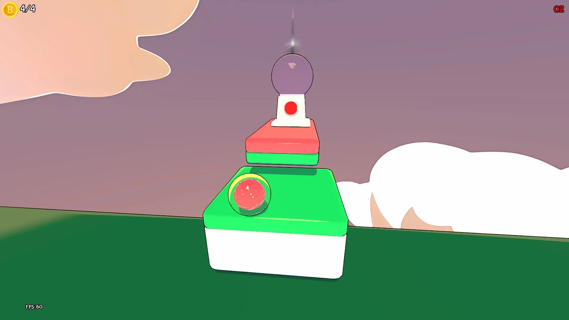 Balloomia: Gasha ball on colorful platforms with score and time UI against a cloud-filled sky backdrop