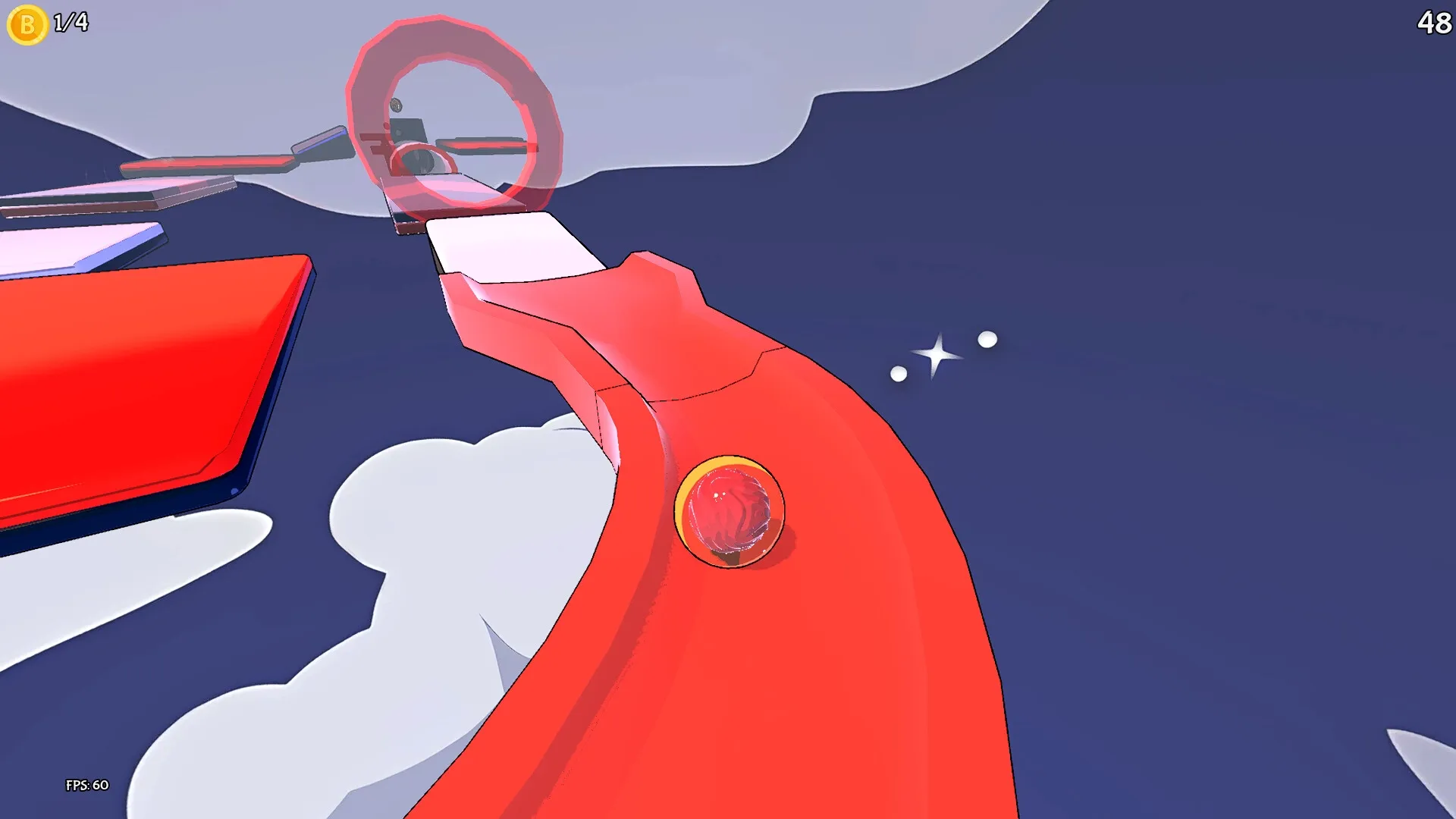 Balloomia: Gasha ball rolls on red platforms in sky with coin counter and timer visible in corner