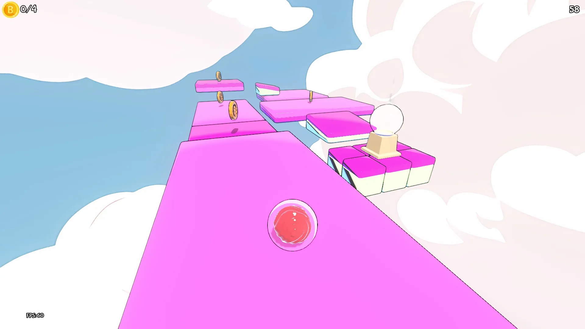 Balloomia: Gasha ball navigates pink platforms collecting coins in a bright, cloud-filled sky playground.