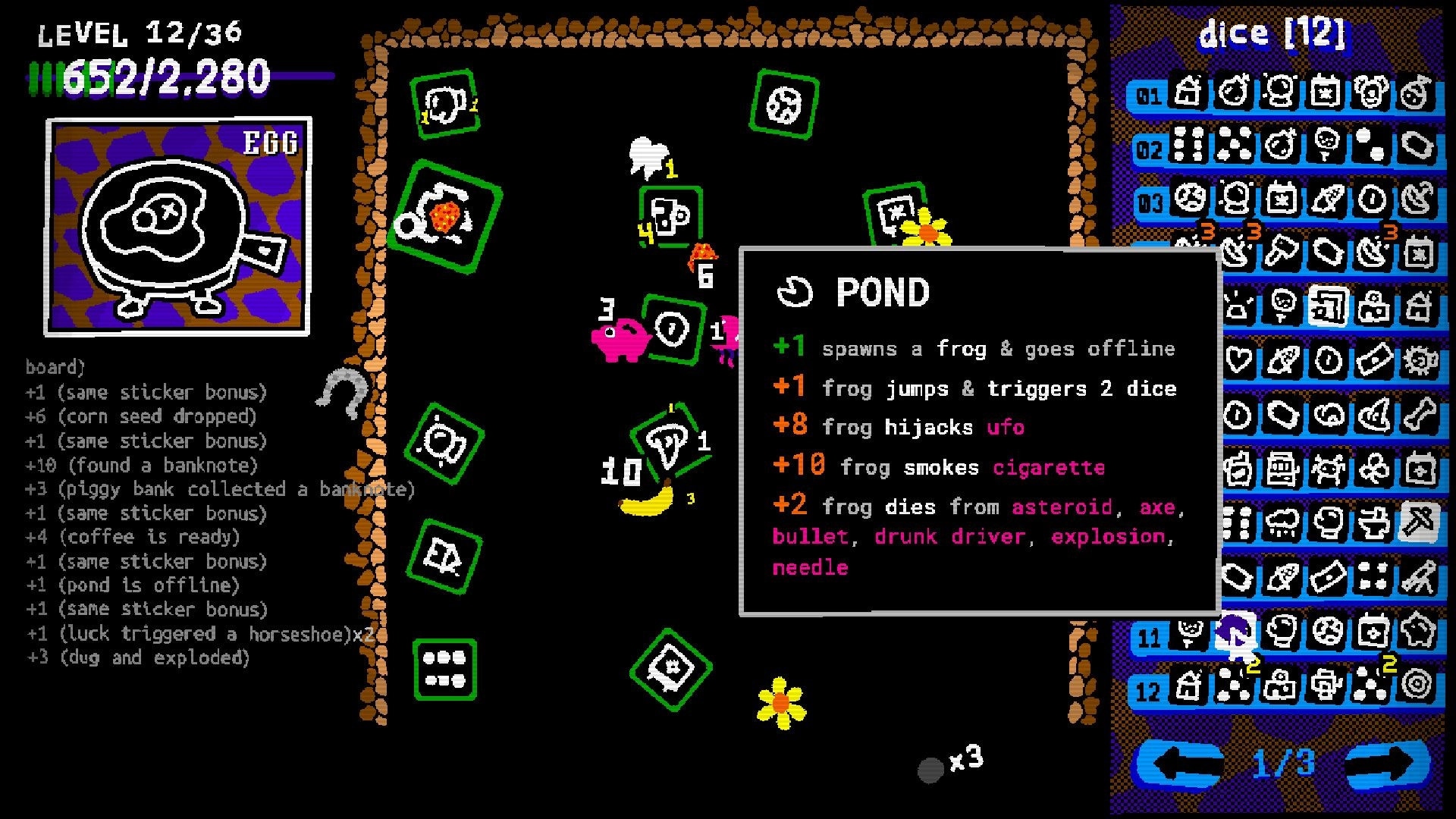 Balls, Dice & Stickers: Level 12 combat scene with dice, stickers, and pond effects in cavern setting
