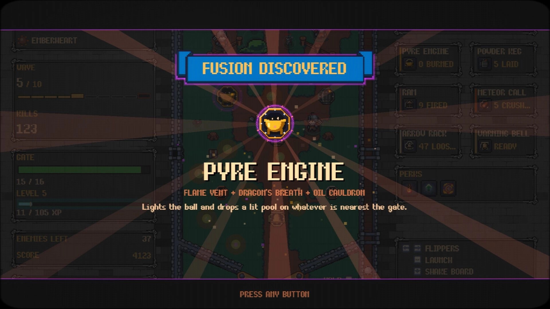 Ballwark: Fusion discovered pop-up for Pyre Engine over pinball board with wave and perk UI panels.