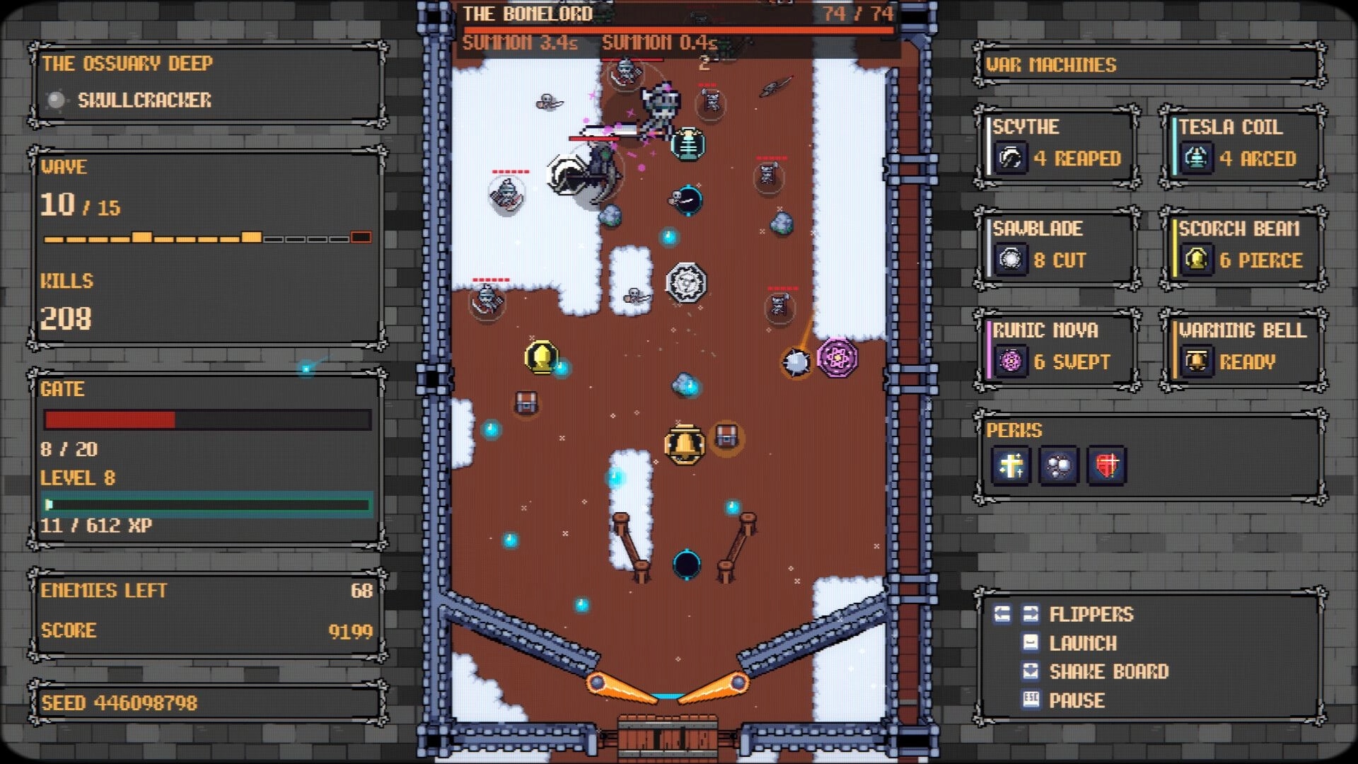 Ballwark: Pinball arena battle vs The Bonelord, war machines menu open in snowy ossuary board.