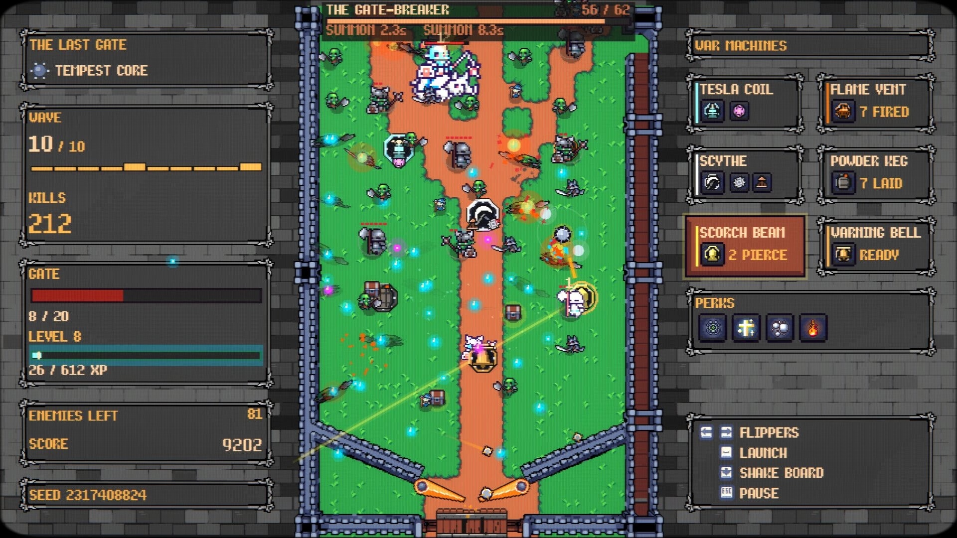 Ballwark: Pinball lane under attack with bouncing shots and war machines UI in castle courtyard map.