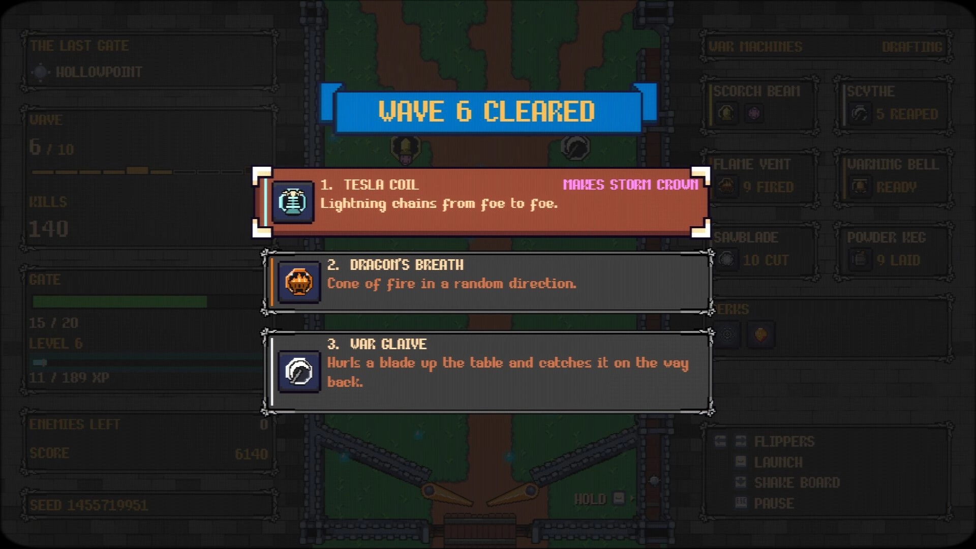 Ballwark: Wave 6 cleared upgrade menu choosing Tesla Coil, Dragon's Breath, or War Glaive on pinball field.
