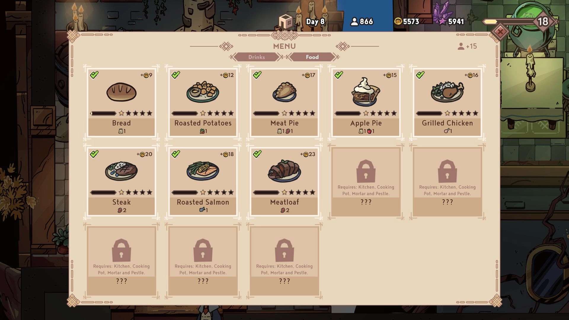 Baltic Folk: Menu interface displaying various dishes like Meat Pie, Apple Pie, and Grilled Chicken
