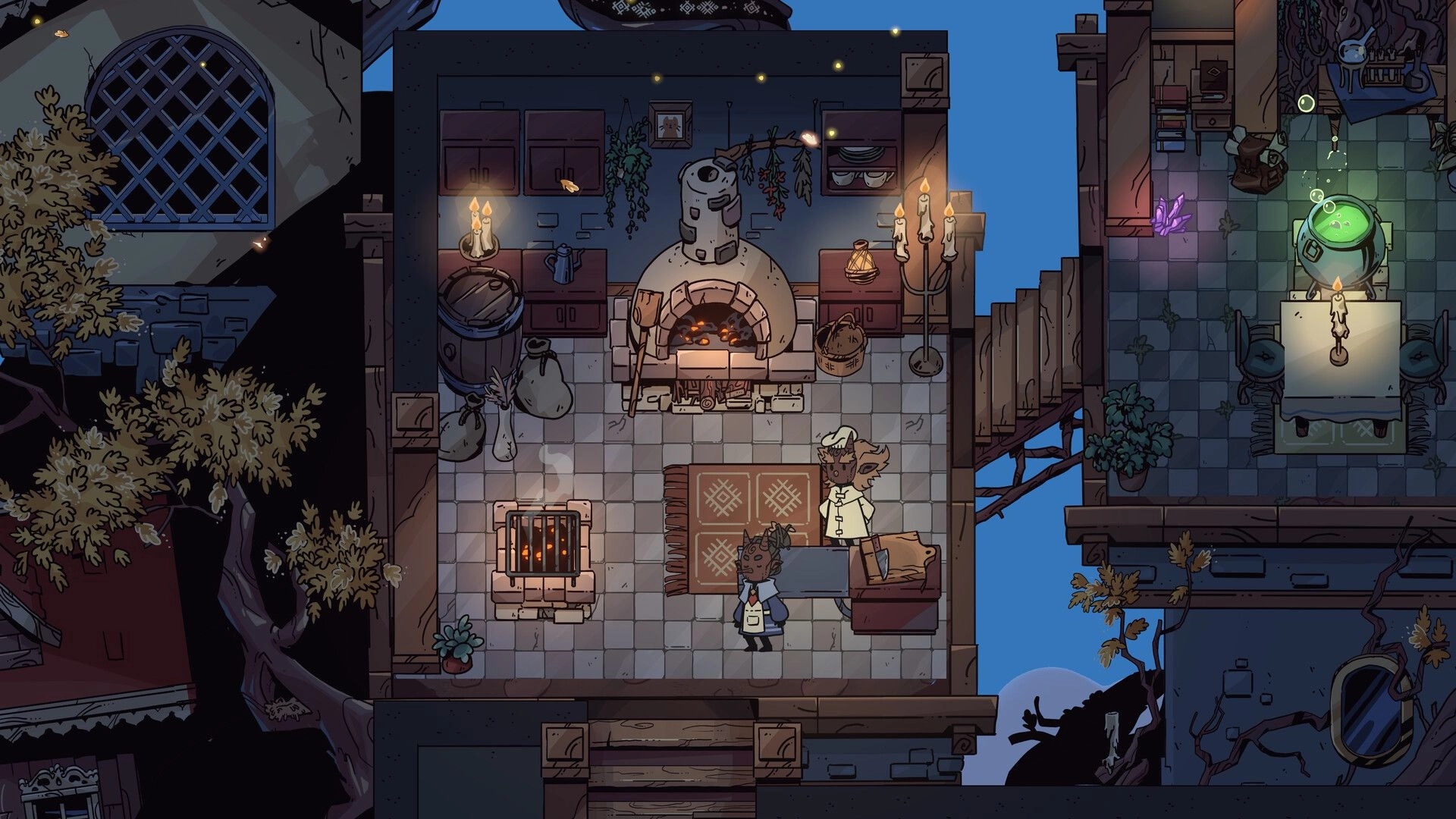 Baltic Folk: Two characters in a cozy tavern kitchen with a wood-burning stove and brewing cauldron.
