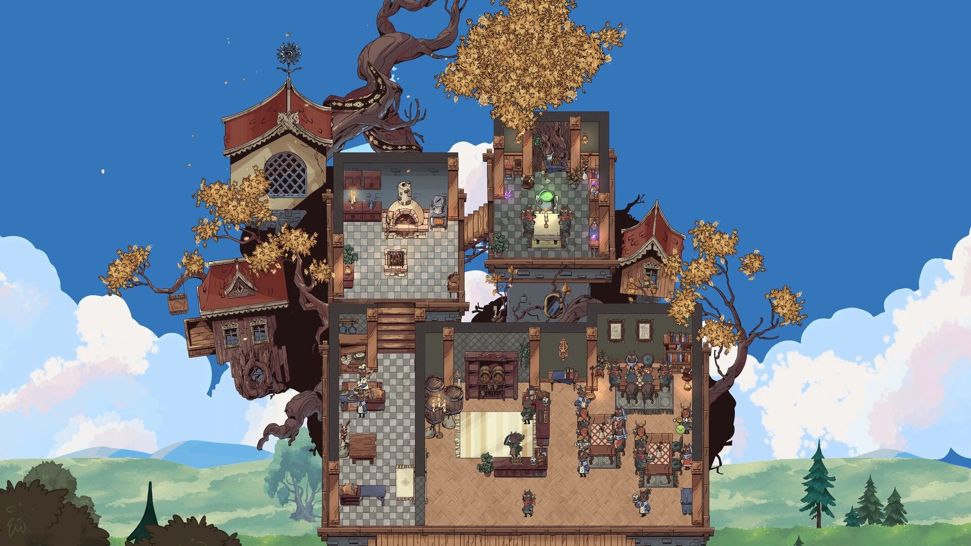Baltic Folk: Tavern interior with dining area, kitchen, and magical treehouse setting