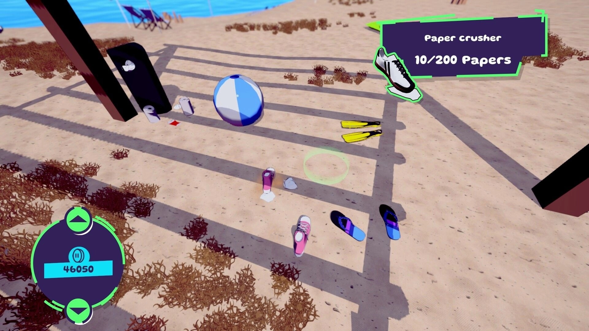 Bambas!: Collecting items on sandy beach with paper crusher progress and currency displayed