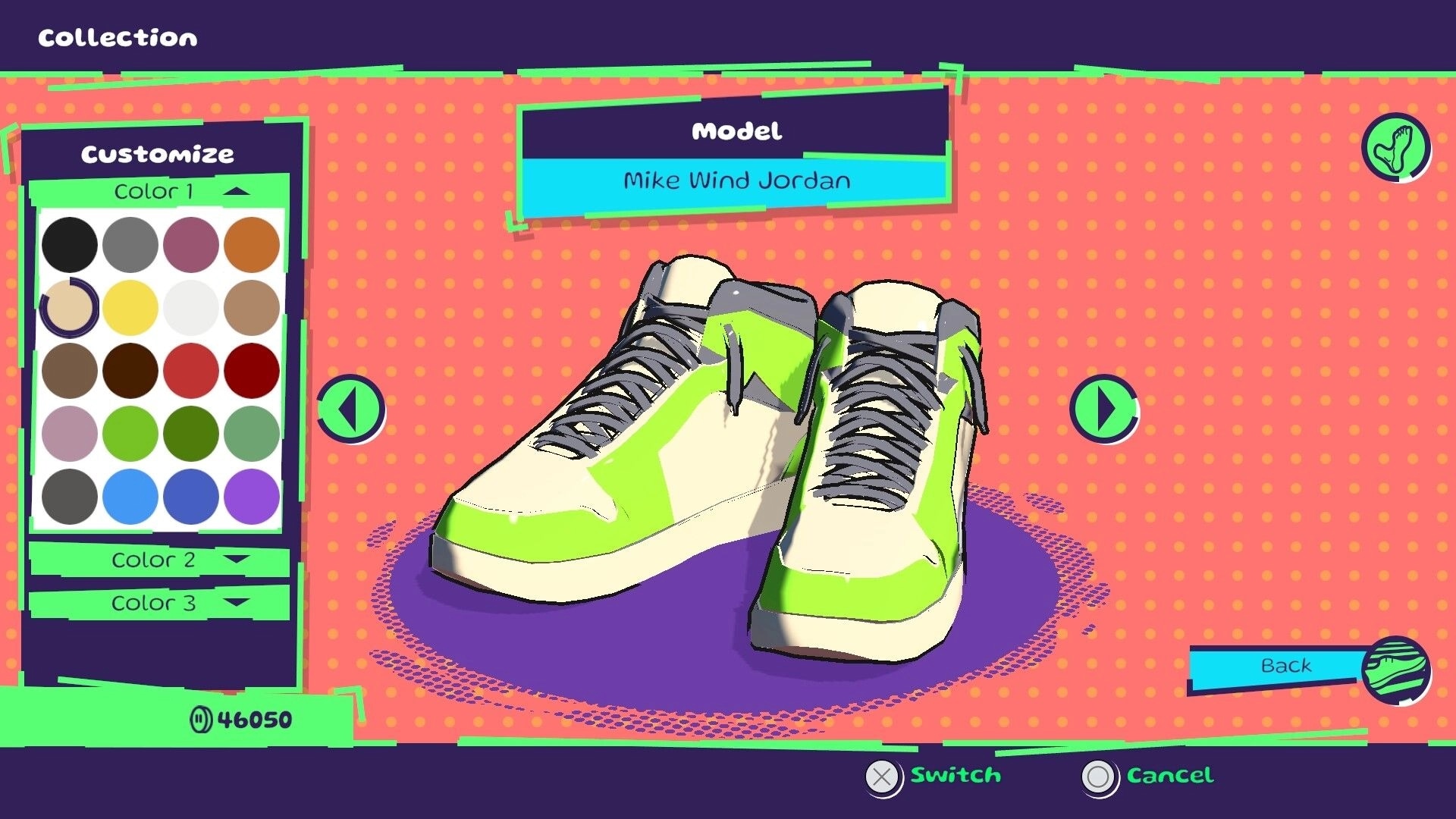 Bambas!: Sneaker customization screen with color options and model name "Mike Wind Jordan" displayed