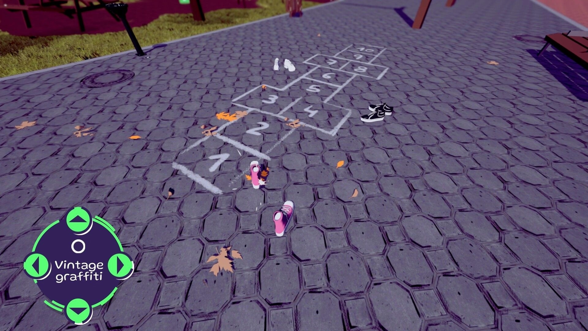 Bambas!: Hopscotch game on urban sidewalk with shoes, leaves, and UI showing "Vintage graffiti" option